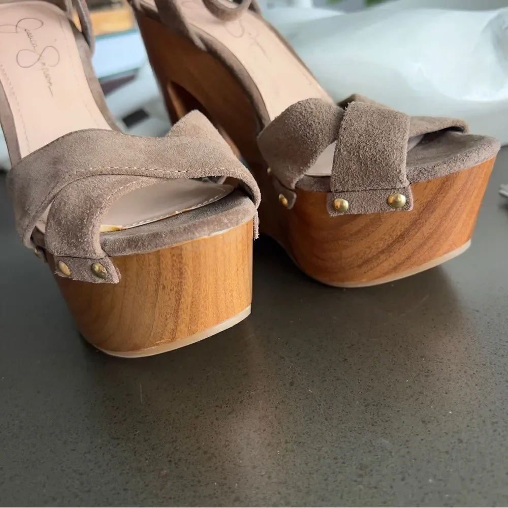 JESSICA SIMPSON Nikki Coffee Veronica Suede Wedge Heels Size 37B